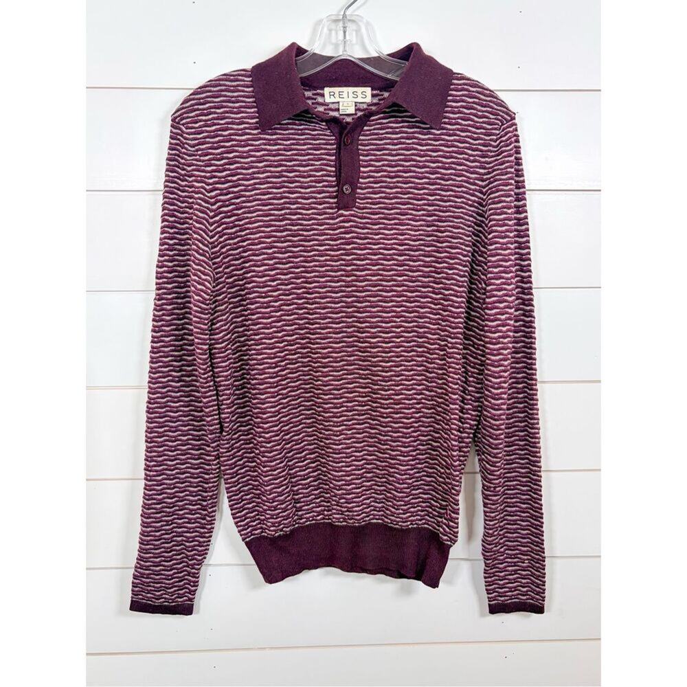 Reiss Men's Wave Print Knitted Wool Long Sleeve Polo Sweater Maroon White Small